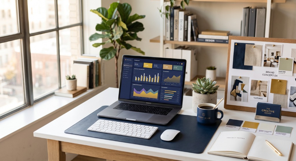 Candor Digital Group creative workspace with analytics dashboard and brand materials